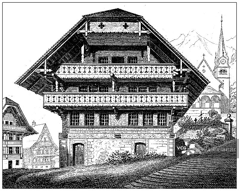 古董插图:建筑和建筑:木材瑞士家，马尔巴赫图片素材
