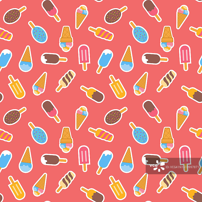 巧克力覆盖奶油冰淇淋和华夫蛋筒与冰沙勺无缝图案设计图片素材