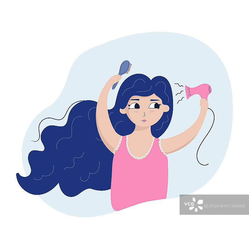 矢量插图的一个可爱的女孩干她的头发用吹风机。概念护发常规。图片素材