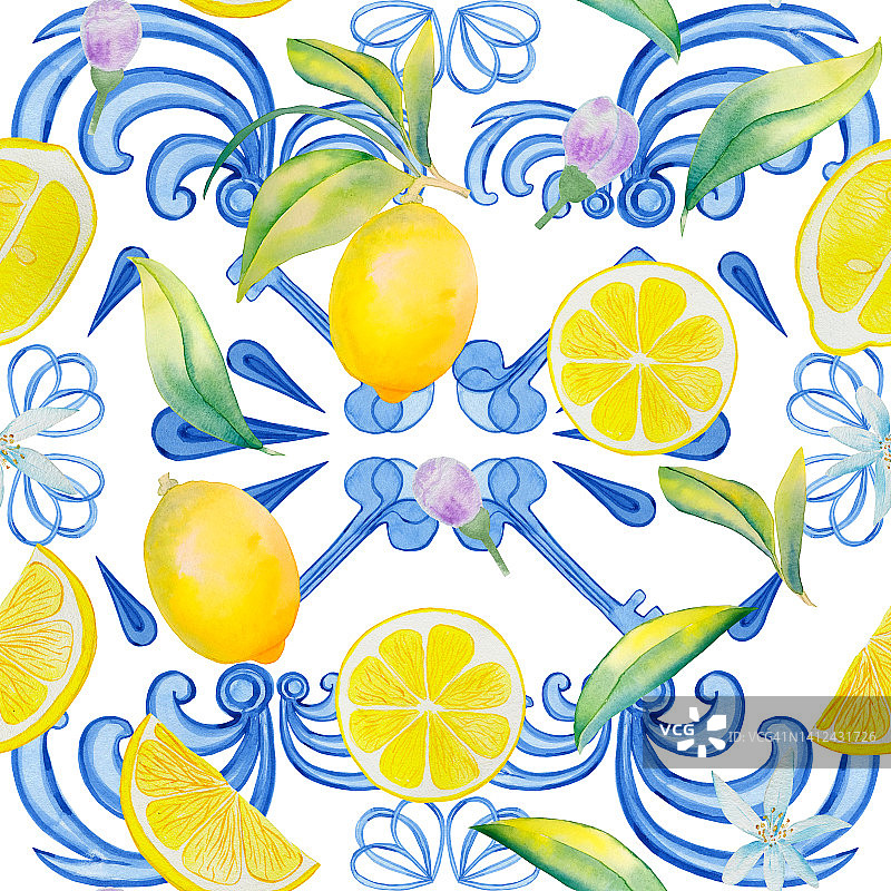 柠檬和马略利卡无缝图案。黄色的柑橘果实在枝头和西西里点缀着无尽的背景。传统的地中海夏季印花。图片素材