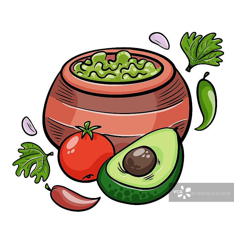 绿色牛油果色拉酱，白色底色配牛油果、青柠和玉米片。传统的墨西哥食物。图片素材