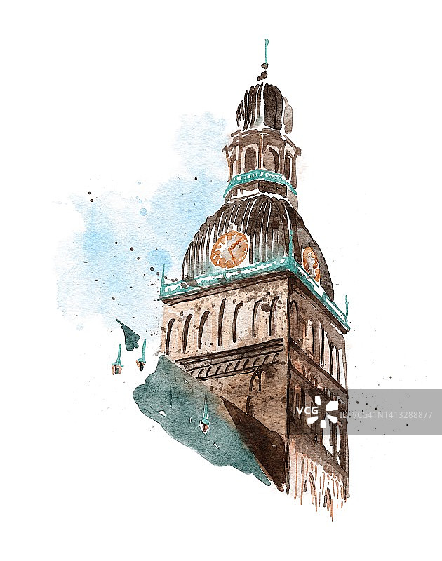 城市素描水彩中世纪屋顶塔图片素材