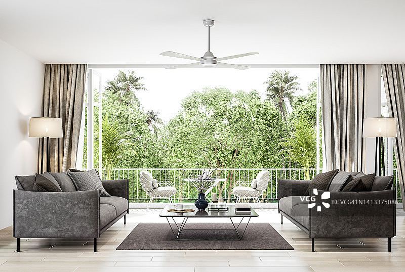 现代风格的客厅，室外露台和自然景观3d渲染图片素材