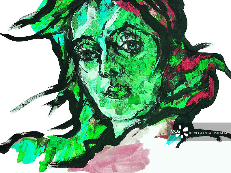 插画艺术油画肖像的一个年轻的女人飘动的头发在白色的背景图片素材