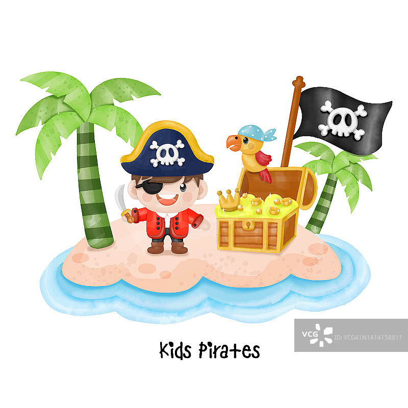 孩子海盗船长和水手的角色，水彩剪纸图片素材