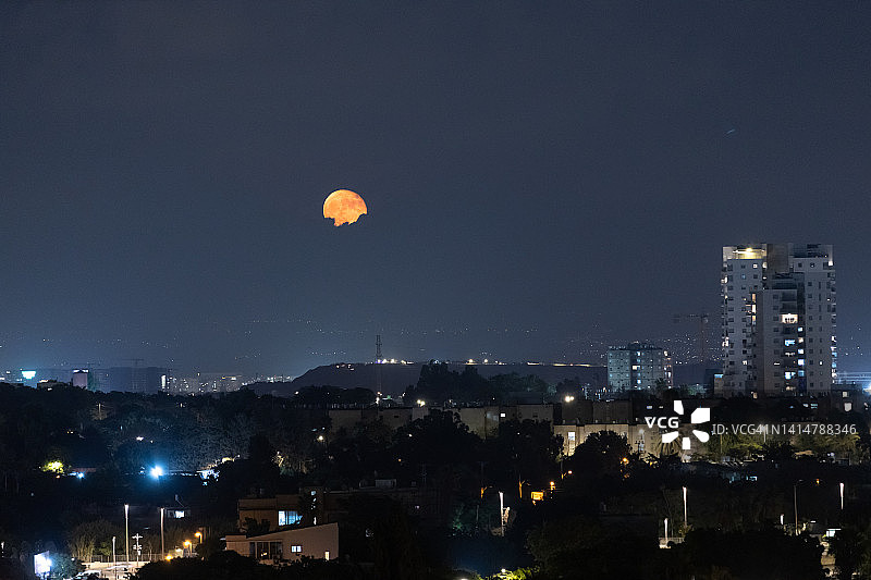 超级月亮升起在城市的天际线上图片素材