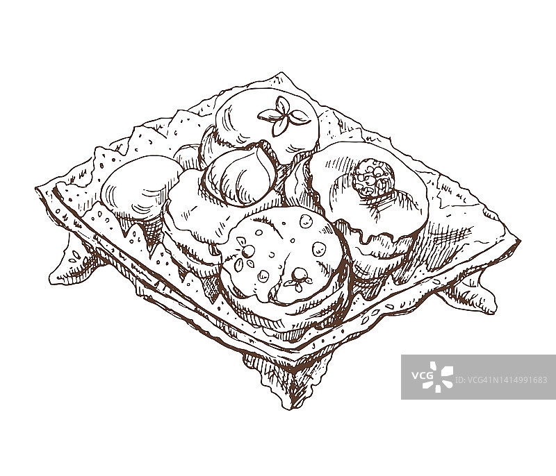 手绘草图的旧古董盘子装满了美味的饼干和蛋糕在白色的背景。矢量插图。菜单设计的食物元素。的早餐。图片素材