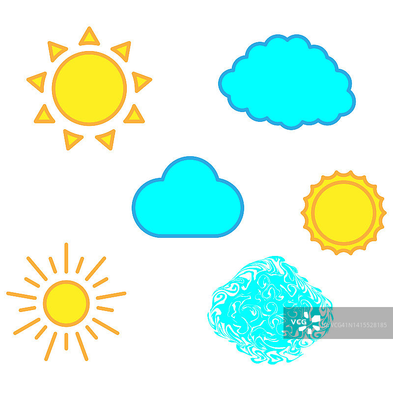 卡通云层的太阳。炎热的夏天。矢量插图。股票的形象。图片素材