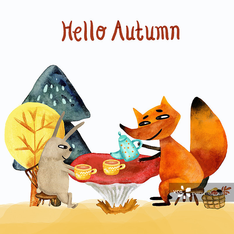 水彩卡片有狐狸和兔子，野兔，小兔喝茶，有趣的动物，秋天的森林，朋友，秋天的氛围，树叶落下，水彩纹理，收获，你好秋天的字母。图片素材