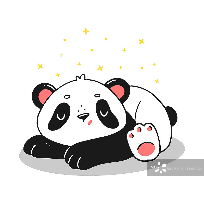 可爱的带着星星睡觉的熊猫。卡通风格的熊猫。明信片的设计。矢量孤立的动物插图。图片素材