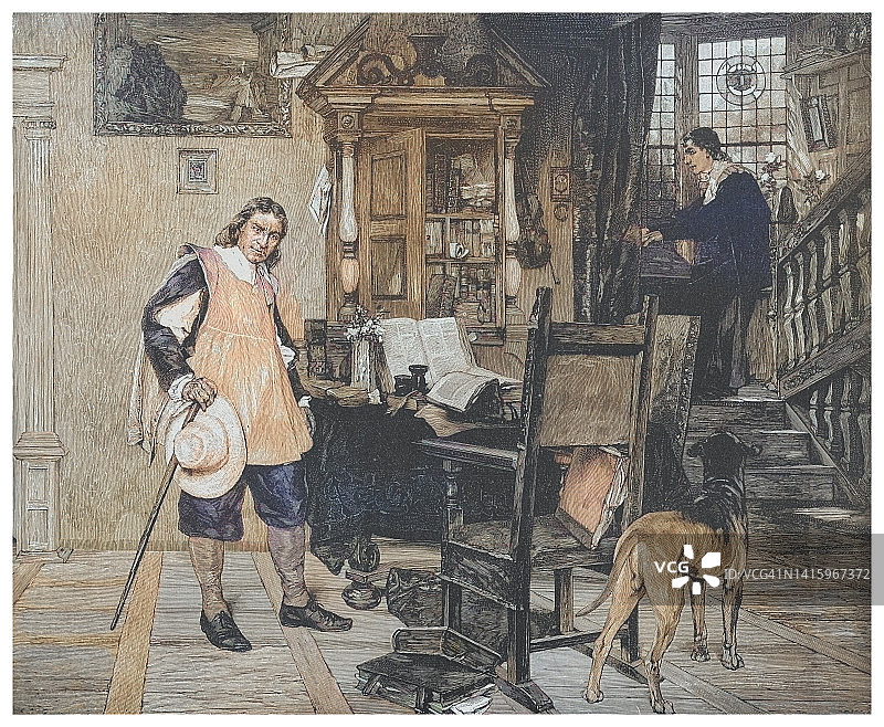 护国公奥利弗·克伦威尔在白金汉郡查尔方特圣吉尔斯的家中拜访了盲人诗人约翰·弥尔顿图片素材