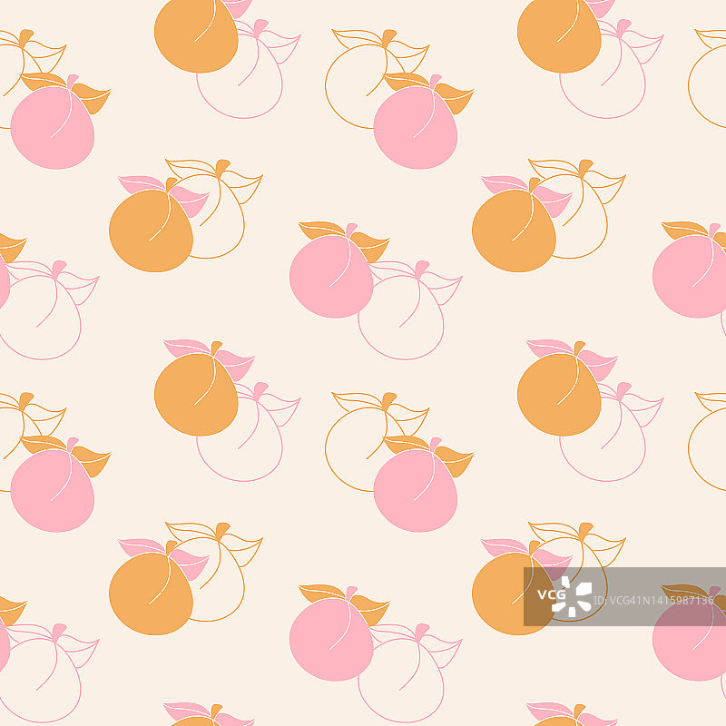 粉红色的桃子和橙色的杏子在一个明亮的背景上无缝图案。充满和轮廓的水果。矢量图图片素材