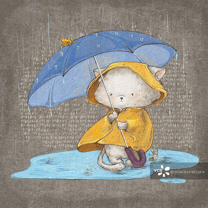 雨中可爱小猫的插图图片素材