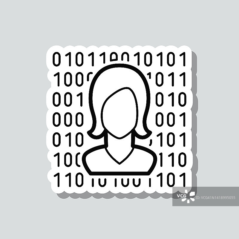 女性的脸用二进制代码。图标贴纸在灰色背景图片素材