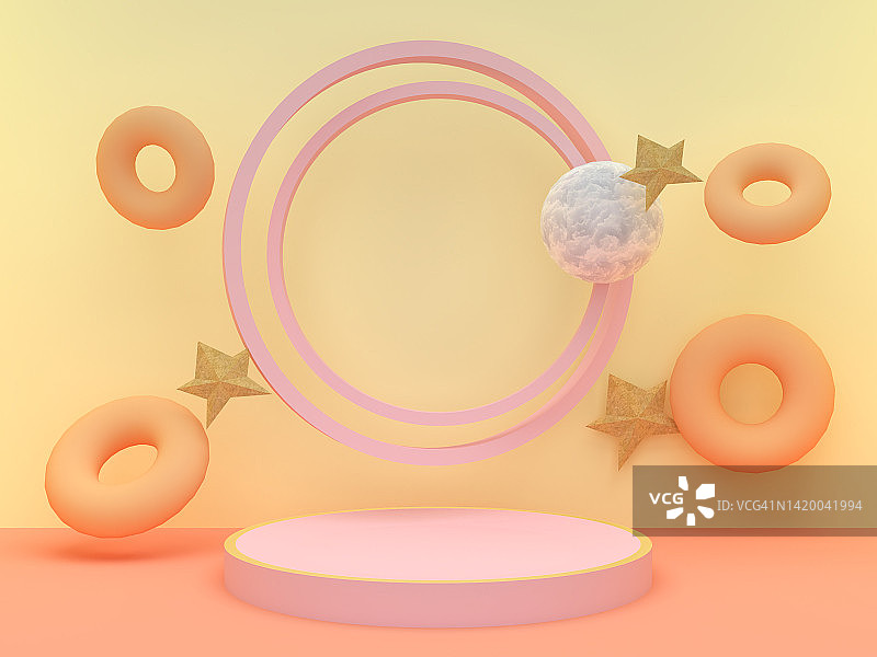 柔软的粉红色裙摆上浮动的甜甜圈和星星在柔和的黄色背景。用于儿童产品展示的基座。几何的3 d渲染图片素材