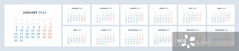 墙体季度日历模板2023在现代极简风格。一周从周一开始。一组12个月。公司计划模板。水平格式。准备打印。矢量图图片素材