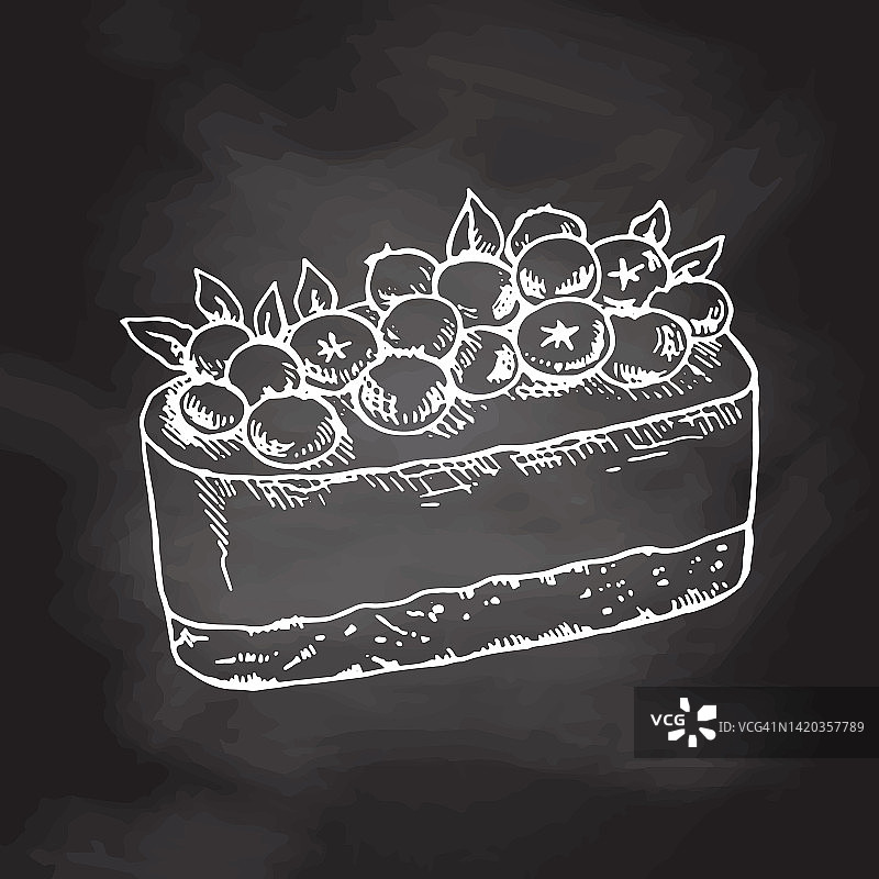 美味的奶油甜甜点。复古矢量单色插图。蓝莓美味蛋糕手绘草图。设计美食产品元素。图片素材