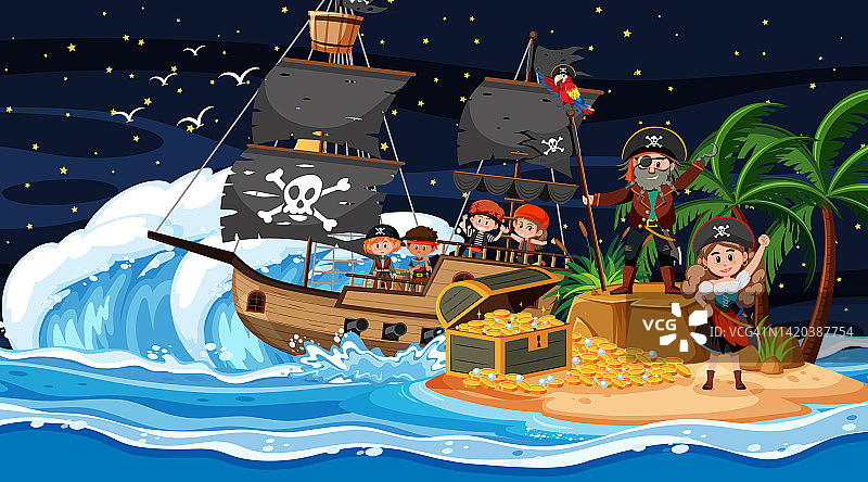 金银岛的夜晚和海盗孩子在船上的场景图片素材