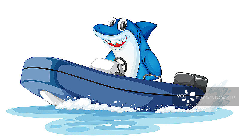 白色背景的小船上快乐的鲨鱼图片素材