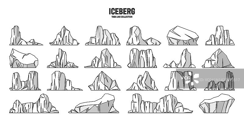 各种漂浮的冰山。漂流的北极冰川，冻结的海水块。冰雪覆盖的高山。融冰的峰值。南极的景观。轮廓图,示意图。矢量图图片素材