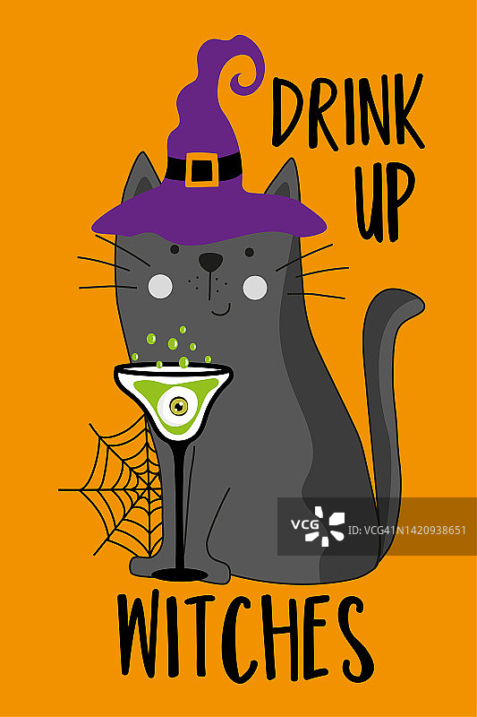 喝巫婆-有趣的说法与猫在巫婆的帽子和魔法药水。图片素材