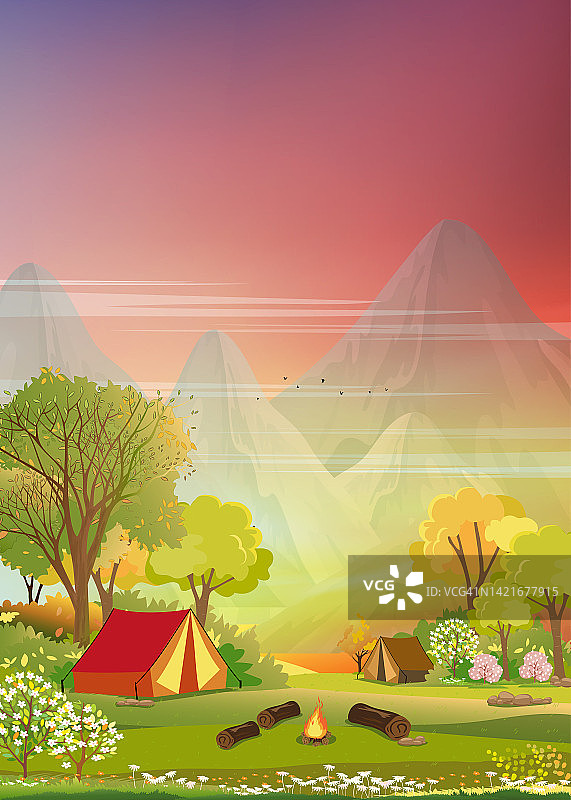 春天的露营帐篷，营火，树林中的山，傍晚的日落天空，矢量卡通和平的自然，绿色的草地，戏剧性的天空，夏令营的旗帜概念图片素材