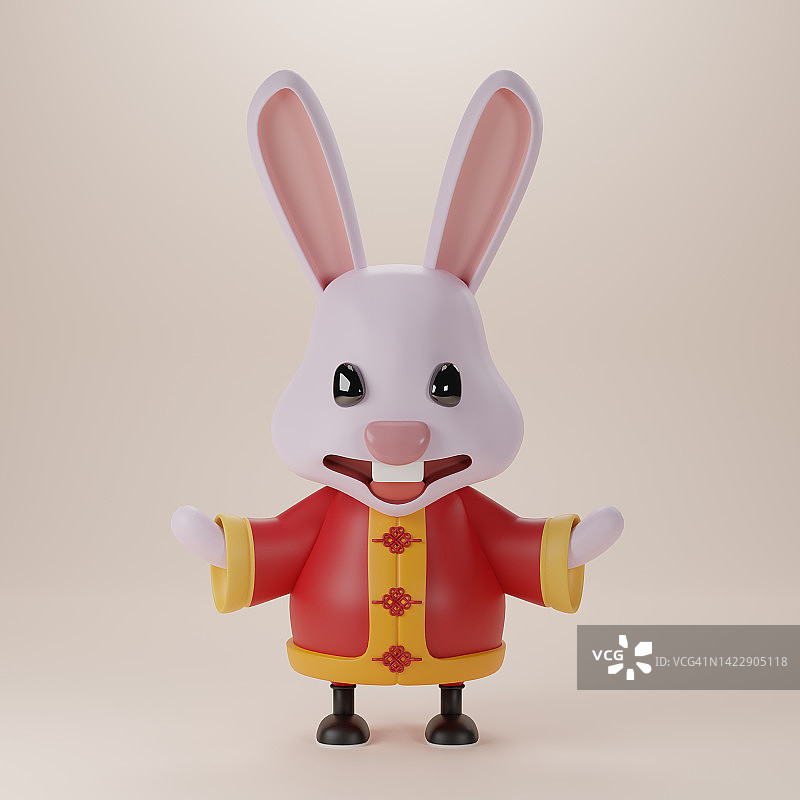 可爱的兔子的3d插画为快乐的中国新年2023年兔生肖标志花，灯笼，亚洲元素的金色背景。图片素材