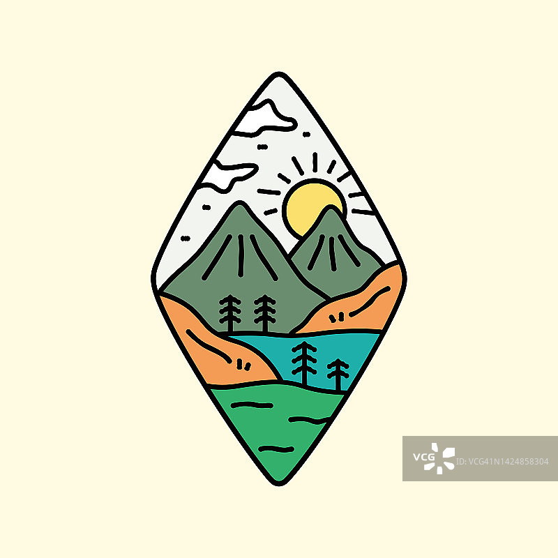 设计自然山地露营的徽章、贴纸、贴片、t恤设计等图片素材