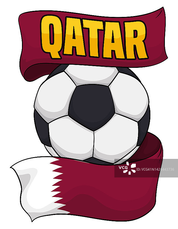 足球包着栗色丝带与卡塔尔设计，矢量插图图片素材