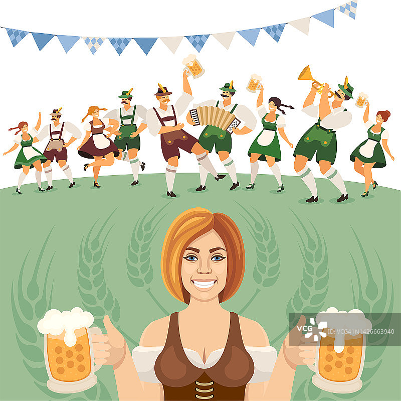 啤酒节日。人们跳舞庆祝。啤酒聚会。啤酒节日。图片素材
