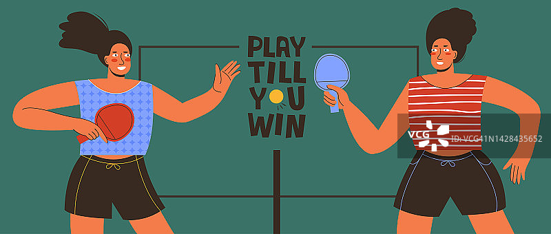 两个打乒乓球的女运动员。乒乓球比赛。活跃的年轻女子在体育比赛中竞争。玩到赢手画字。网球比赛。矢量平面插图的卡通风格图片素材