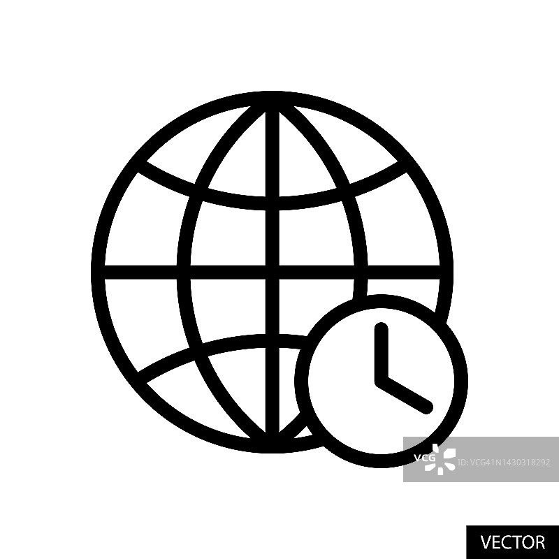 世界时钟，时区，国际时间，全球时区矢量图标在白色背景上隔离的线条风格设计。可编辑的中风。图片素材