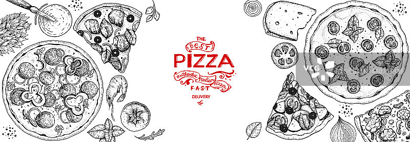 意大利披萨和配料顶视图框架。意大利菜菜单设计模板。复古手绘草图，矢量插图。雕刻风格的插图。菜单上的披萨标签。图片素材