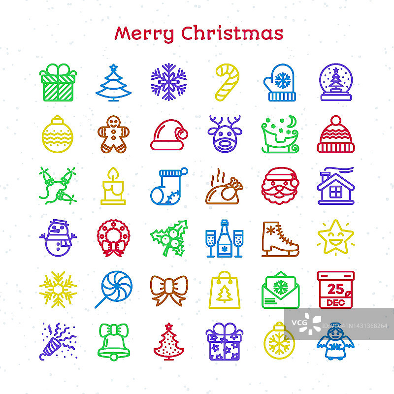 圣诞线图标设置颜色薄笔画风格孤立的白色背景为您的装饰和应用程序设计项目。新年快乐。节日快乐。矢量图图片素材