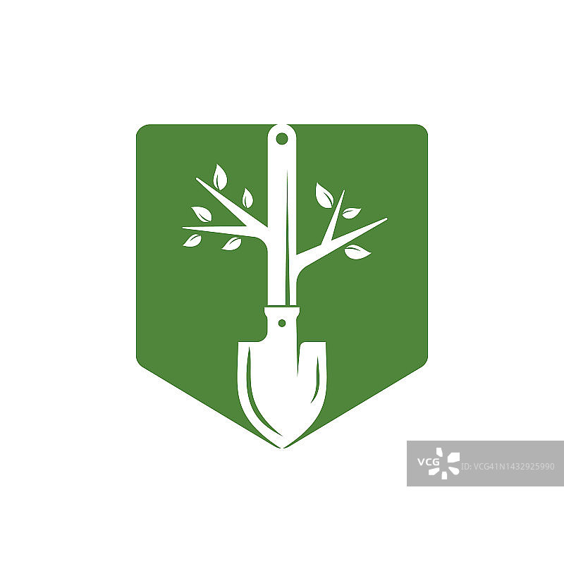 铲树矢量标志设计。绿色园林环境标志设计模板。图片素材