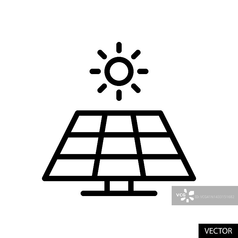 太阳和太阳能电池板，可再生能源概念矢量图标在线风格设计孤立在白色背景。可编辑的中风。图片素材