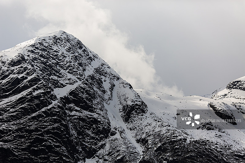 山冰川。雪。冬天。挪威风景如画。美丽的北自然。斯堪的那维亚。在山探险。挪威的气候图片素材