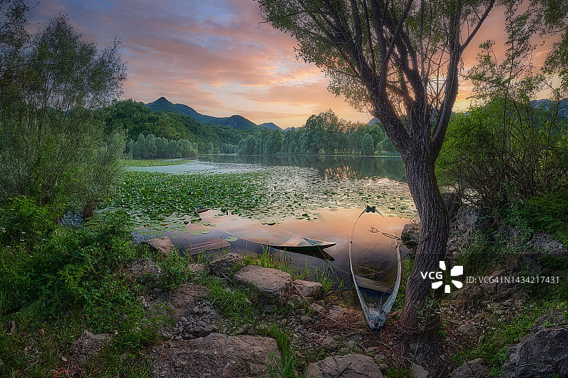 风景如画的山,树。池塘，湖泊，河流与睡莲叶子。美丽的日落和粉红色的云图片素材