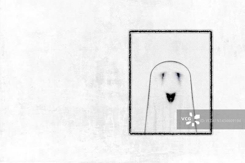 黑色和白色的幽灵乡村万圣节主题水平纹理效果背景与一个褪色的框架抽象快乐快乐微笑的幽灵三维或三维在一个白色面纱涂鸦在粗糙的划痕墙在一个相框图片素材