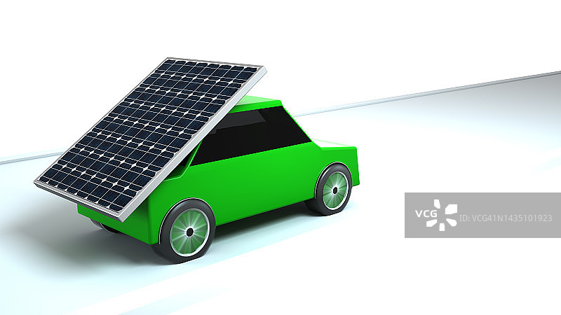 装有太阳能电池板的电动汽车在直线上行驶。图片素材