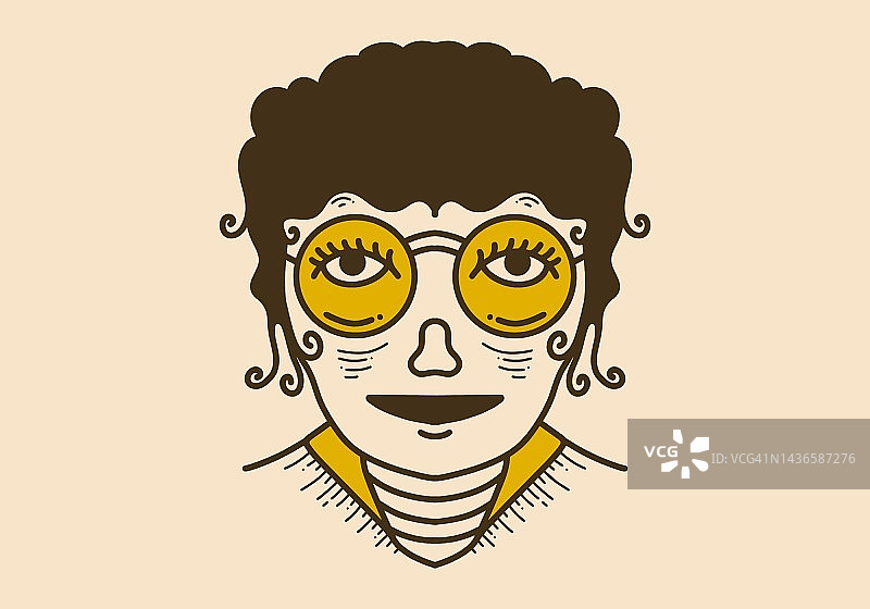 复古艺术插画的卷发女孩的脸戴着大圆眼镜图片素材
