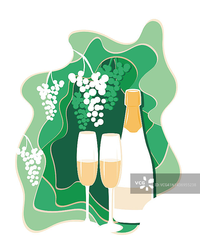 剪纸白葡萄酒配酒杯和葡萄串图片素材