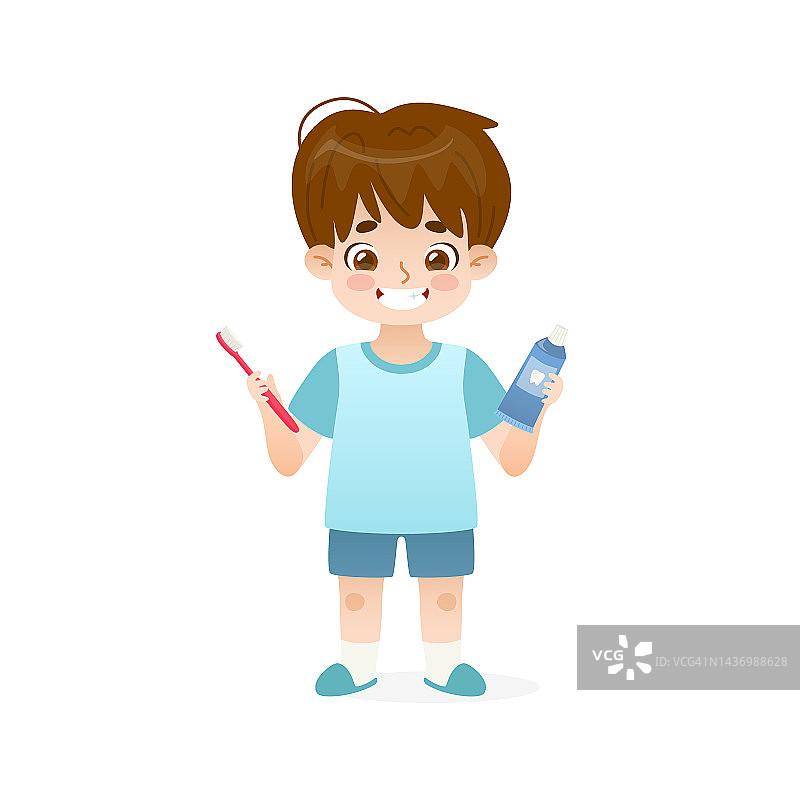 卡通小男孩拿着牙刷和牙膏。可爱的孩子与耀眼的微笑拿着口腔卫生洗漱用品。图片素材