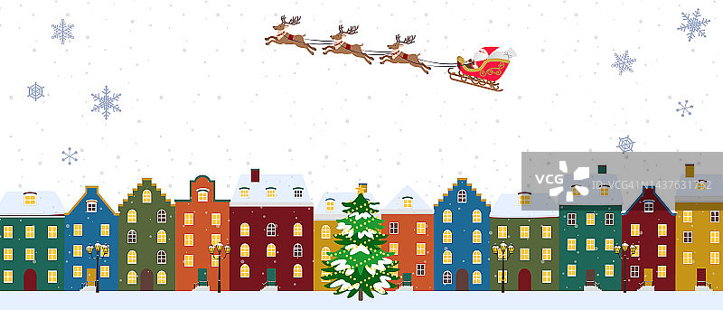 圣诞背景剪辑艺术圣诞老人的雪橇上的欧洲城市风景图片素材