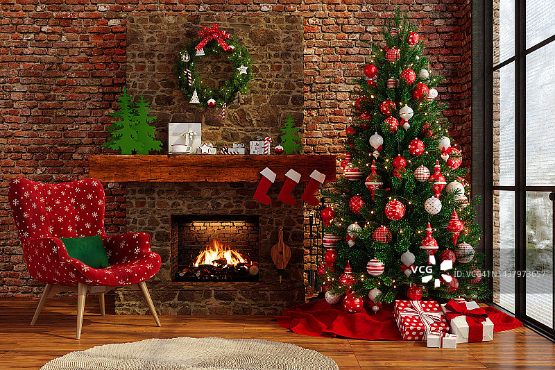 带有圣诞装饰的小屋。客厅内部有圣诞树，装饰品，礼品盒，扶手椅和壁炉图片素材