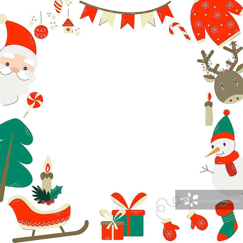 圣诞贺卡框架的传统符号-雪人，圣诞老人，驯鹿，树，礼物和雪橇。矢量插图在平面卡通风格，孤立的白色背景。图片素材