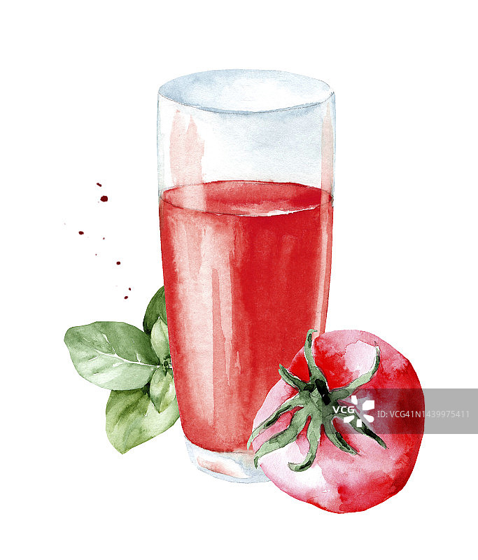 一杯番茄汁与罗勒孤立的白色背景，水彩插图图片素材