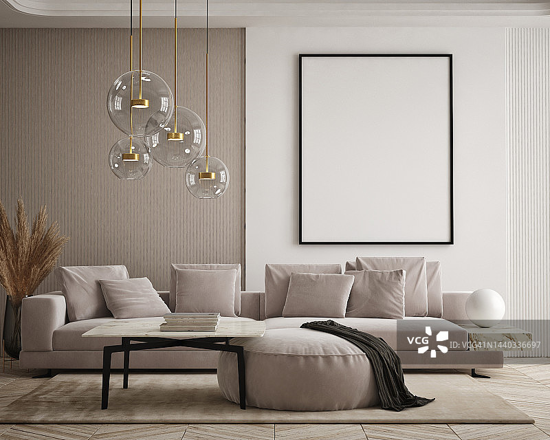 模拟海报框架在现代室内背景，室内空间，客厅，当代风格，3D渲染，3D插画图片素材