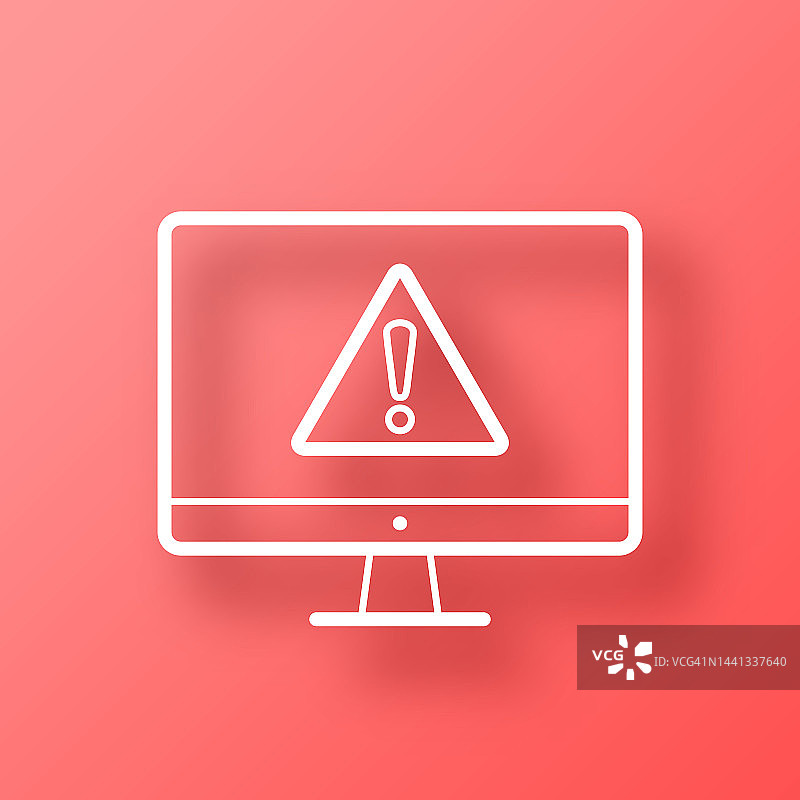 台式电脑危险警告注意。图标在红色背景与阴影图片素材