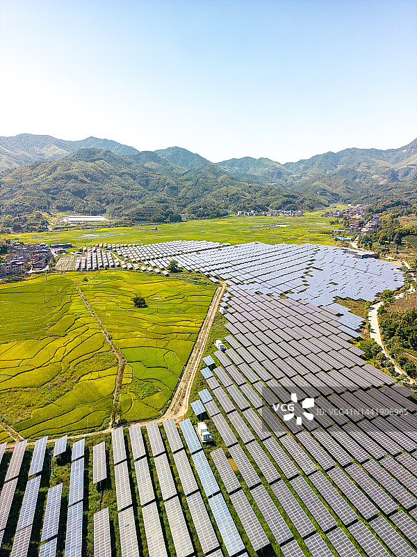 无人机俯瞰农场上的太阳能发电厂图片素材